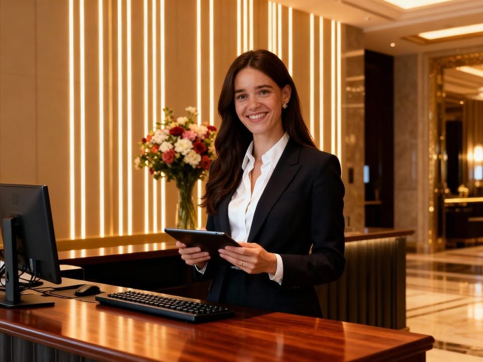Hotel receptionist die gasten verwelkomt aan de balie